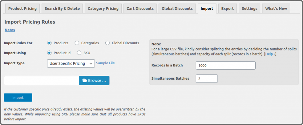 CSP Pricing Rule Import Page