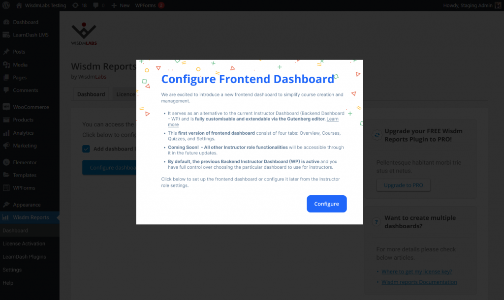 Welcome pop-up to configure the Frontend Dashbaord 