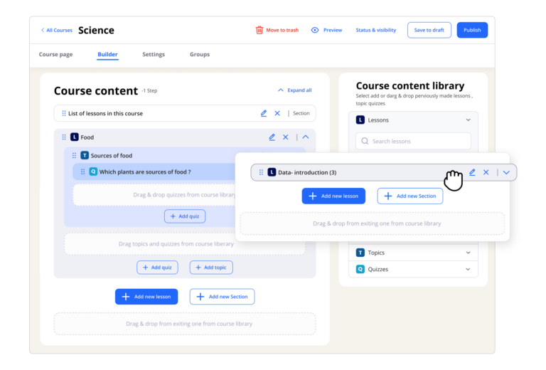 Learndash Frontend Drag and Drop course builder features