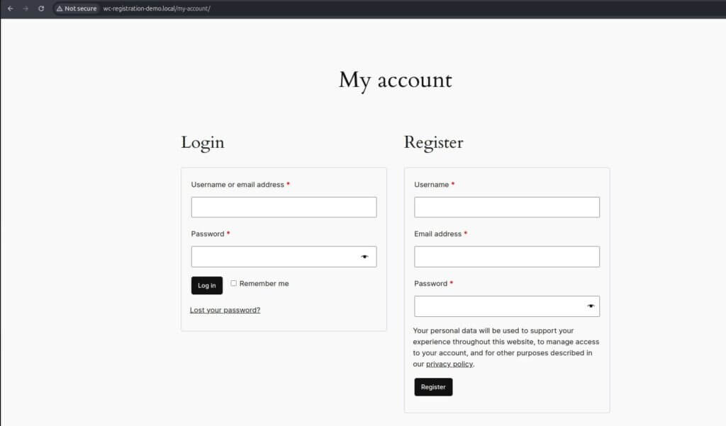 Screenshot showing how to view registration form in WooCommerce. 