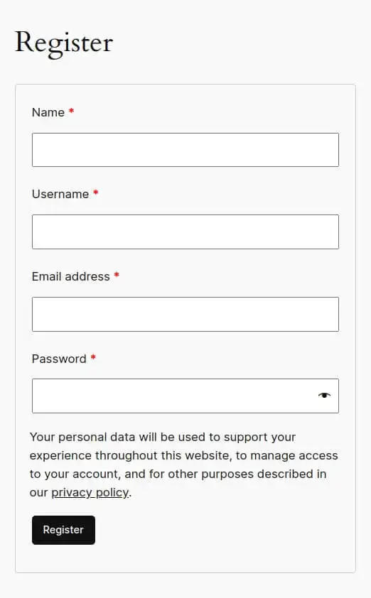 Screenshot showing how a custom WooCommerce registration form would look like. 