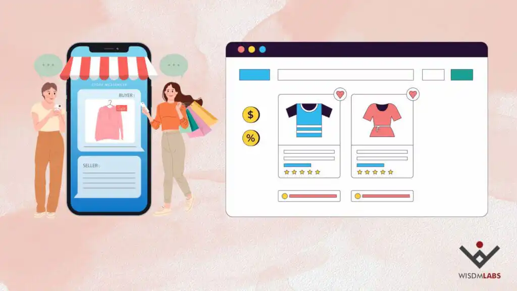 Illustration showing buyers on an e-commerce website, and a computer screen next to it that shows product pages.