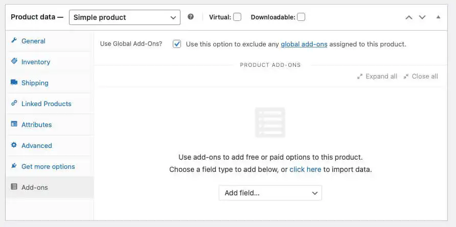 blog 5.6 WooCommerce product data page for add-ons to the product