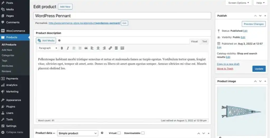 blog 5.9 Access Product for editing on the WordPress dashboard