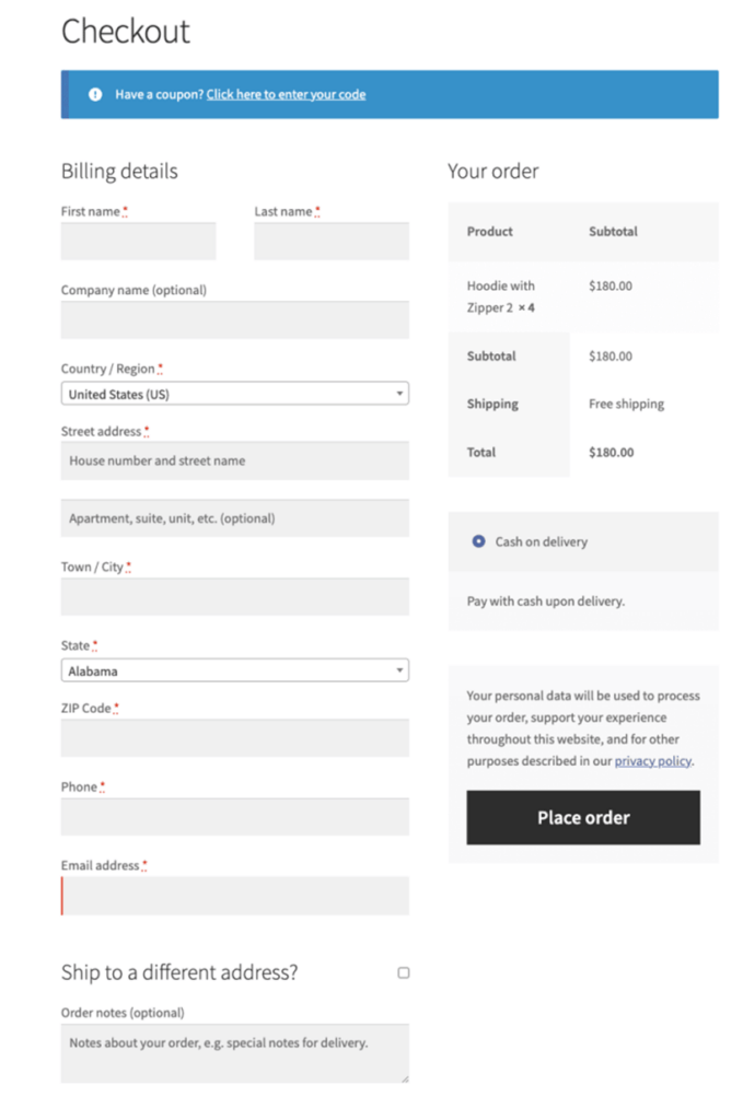 WooCommerce store checkout page
