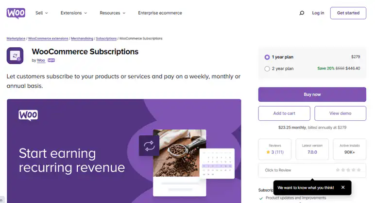 WooCommerce subscription extension for product or service subscription.