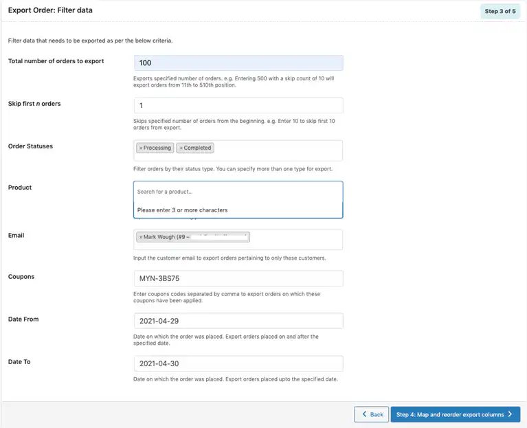 Order Export filter option in the plugin