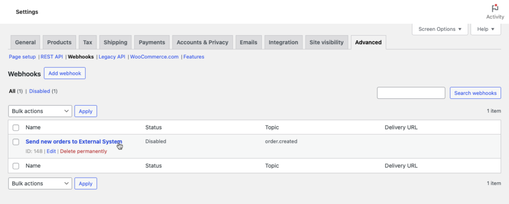 woocommerce settings webhook options 1