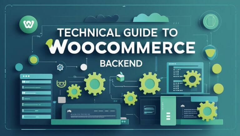 Create a stylish infographic using the words Technical Guide to WooCommerce Backened. Include woocommerce logo sign and technical icons