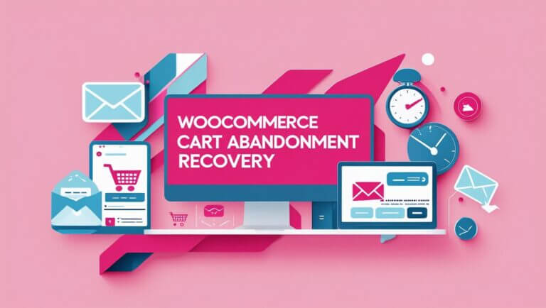 Create a stylish infographic using the words WooCommerce cart abandonment recovery. Include woocommerce logo sign and technical icons. Keep the color pallete pink and blue