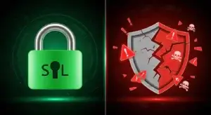 SSL Security vs Vulnerabilities - Split screen showing green padlock on left and cracked shield with warning symbols on right, representing SSL limitations in WordPress security