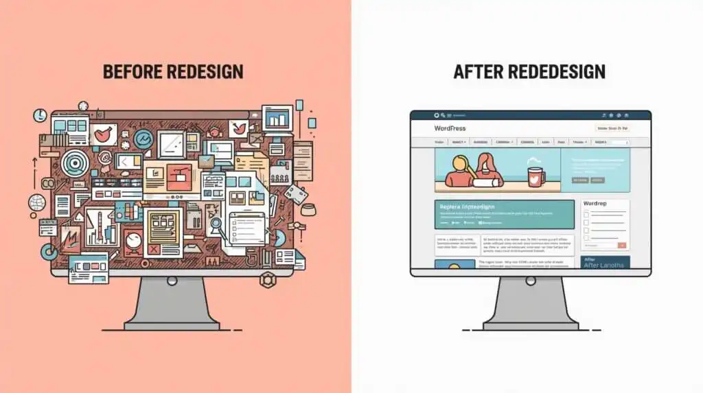 create an illustration that shows website transformation with WordPress site redesign. It should include text that says before redesign and After Redesign. Show a comparison. 1 2