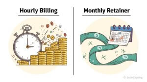 create an illustration that shows Hourly Billing vs Monthly Retainer. Double check spellings
