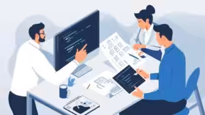 create an illustration that shows wordpress site development process. Image should be clear and neat. Show 2 3 people working together to build a website 3