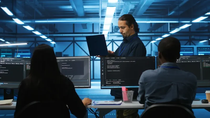 manager reading paperwork laptop verifying infrastructure documents 1 e1780997792837